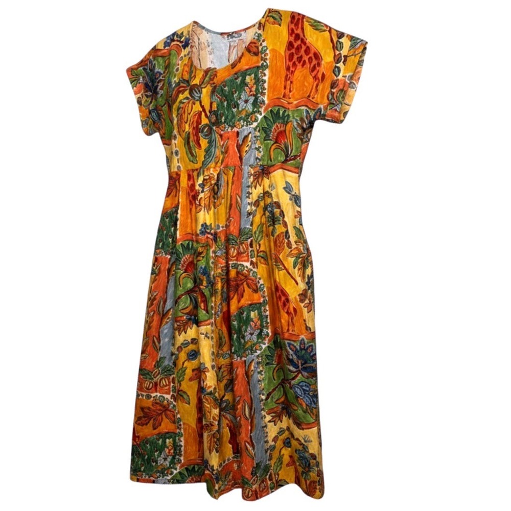 Vintage Walk of the Bay Safari Giraffe Print Cotton Midi Dress Yellow Large USA